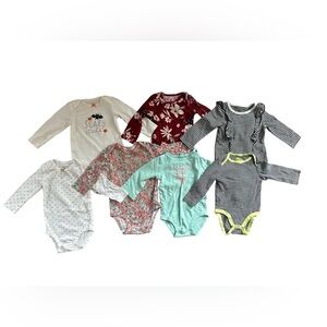 Lot of 7 Multi Brands One Piece Long Sleeve Bodysuit Girls Size 9 months
